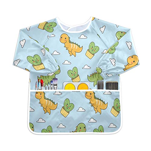 かわいい恐竜グリーンサボテン幼児用キッズスモック子供用防水エプロンアートペインティングスモックよだれかけ3ポケット付き