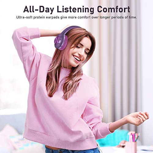LETSCOM Bluetooth Headphones, 100 Hours Playtime Bluetooth 5.0 Headphones Over Ear with Deep Bass, Hi-Fi Sound and Soft Earpads, Built-in Mic, Wired/Wireless Headset for Home Office-Red Purple