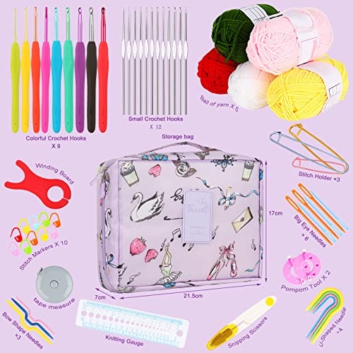Image of Aeelike Beginner Crochet Kit, Light Purple | 59pcs Crochet Starter Kit for Adults and Kids, Basic Crochet & Knitting Supplies Kit for Beginners, Crochet Kit Storage Bag