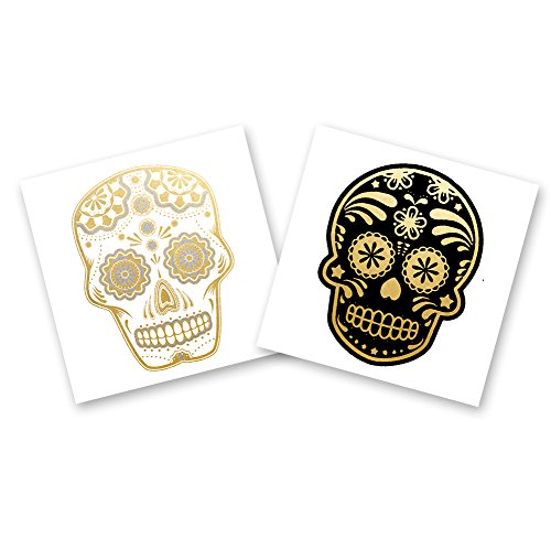 SKULLS VARIETY SET of 24 assorted premium waterproof metallic gold and silver jewelry temporary foil party Flash Tattoos - skull tattoo, Halloween party, sugar skull, party supplies