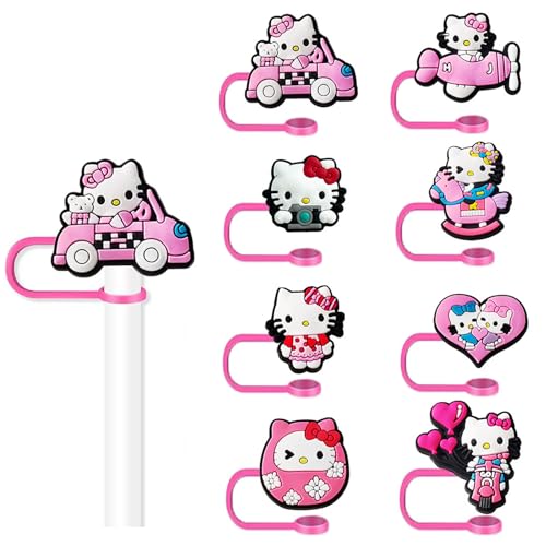 Maituifos 8 Pcs Kitty Straw Covers Cap - 10mm Cartoon Straw Topper(Box Packaging) Silicone Straw Tip Covers for Drinking StrawsPink Style