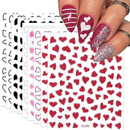 12Pcs Heart Nail Art Stickers Valentines Day 3D Self-Adhesive Nail Decals Cute Red and Black Heart Designs Acrylic Nail Decorations Love DIY Manicure Nail Accessories Nail Supplies for Women and Girls