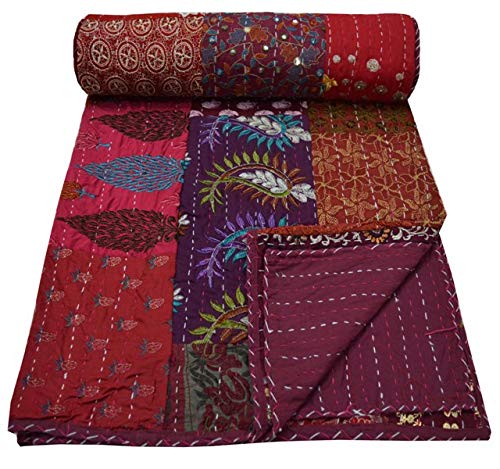 YUVANCRAFTS Indian Vintage Patchwork Kantha Quilt Pure Cotton Traditional Quilt Blanket Bedspreads Throw Gudari
