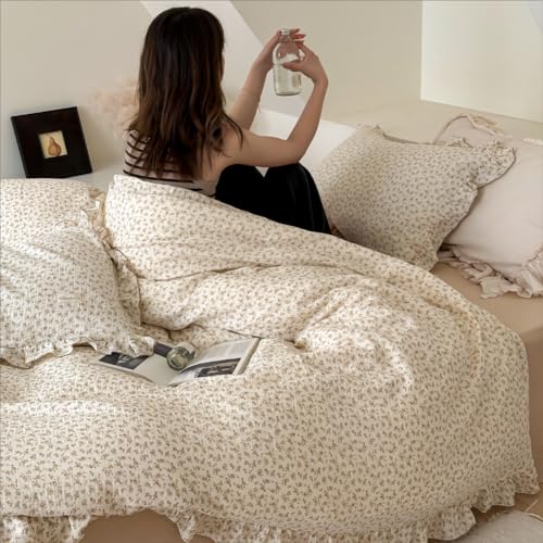 Image of BuLuTu Muslin Kids Duvet Cover for Full Size Bed, Vintage Farmhouse Duvet Covers with Ruffles, Soft Cotton Comforter Cover, Camellia, Zipper Closure & Corner Ties, No Comforter