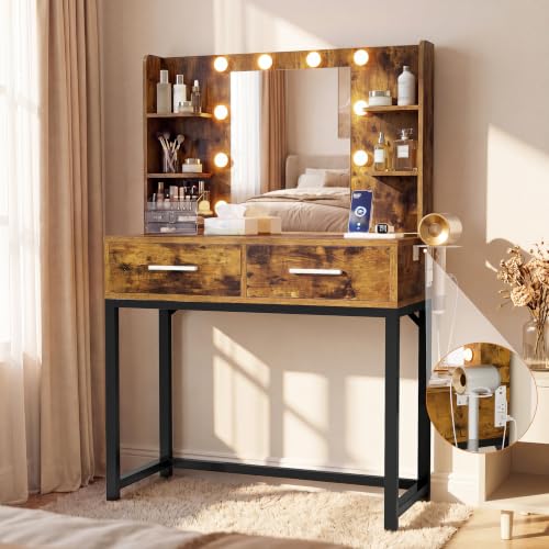 Image of YESHOMY 31.5'' Small Vanity Desk with LED Mirror and Lights, Rustic Brown