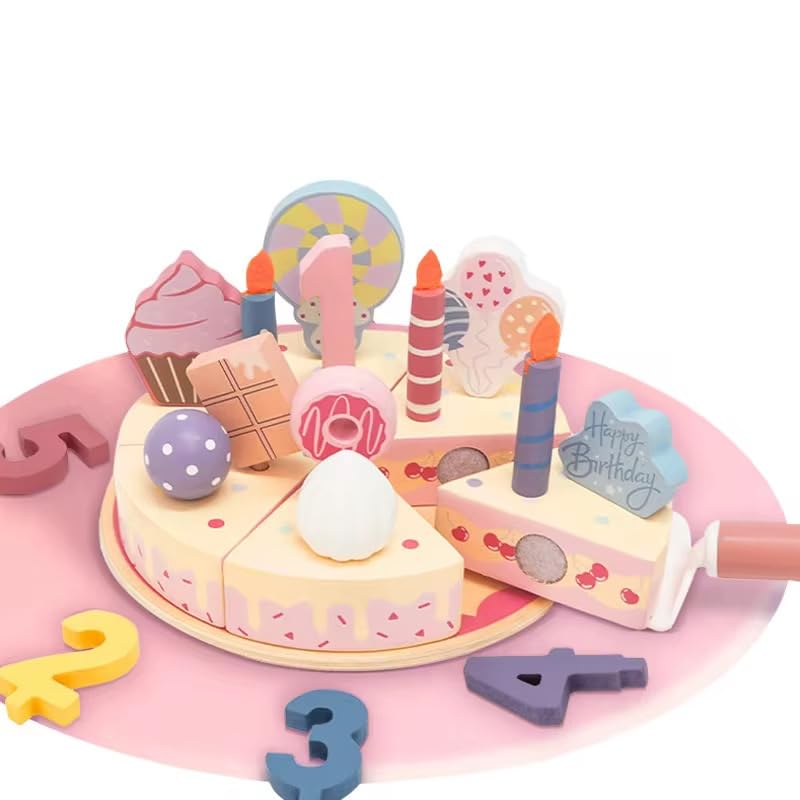 TOYARTSY Birthday Cake Cutting Playset for Kids | 24 Pcs Pretend Play Kitchen Toy | Educational Role Play Set with Candles, Fruits, Numbers & Knife | Fun Birthday Party Toy for Girls & Boys 4