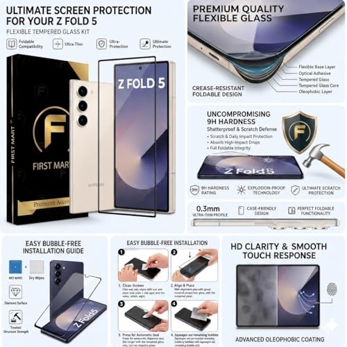 Image of FIRST MART Tempered Glass for Samsung Galaxy Z Fold 5 5G with Gold Camera Ring Guard & Installation Kit | HD Clear Edge-to-Edge Screen Protector, Scratch Resistant, Case-Friendly | Pack of 1