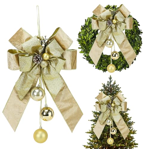 AIMUDI Champagne Gold Christmas Tree Topper Bows 11 x 16 Inches Gold Glitter Bows for Christmas Tree Decorations Velvet Ribbon Bows with Baubles for Wreath, Door, Cabinet, Staircase, 1 PC