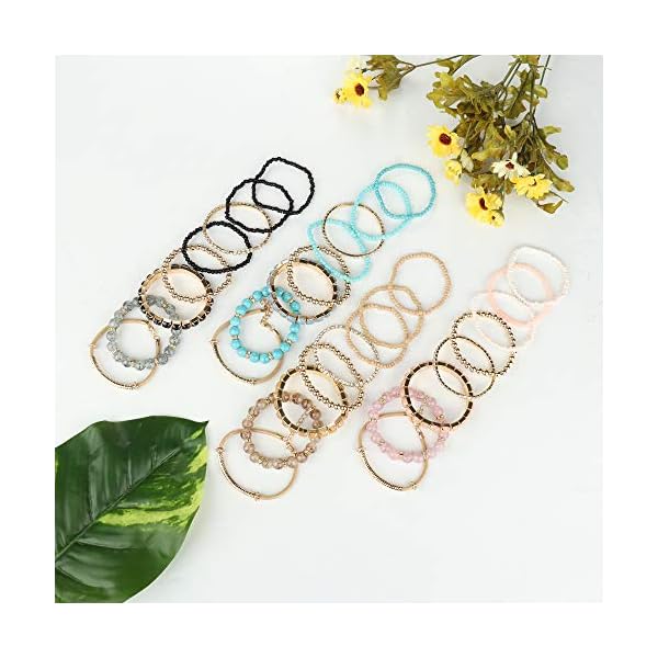 SAILIMUE 4 Sets Bohemian Stackable Bead Bracelets for Women Multicolor Stretch Beaded Bracelets Layered , Adjustable Bracelet Pink Black Turquoise Stretch Bracelets