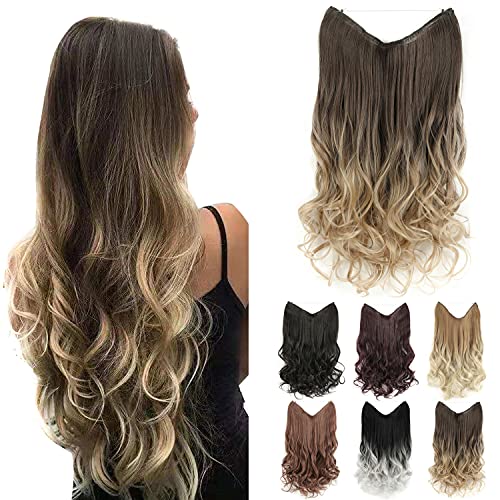GIRLSHOW Invisible Wire Hair Extensions with Transparent Headband Synthetic 24 Inch 4.9 Oz Wavy Curly Adjustable Size No