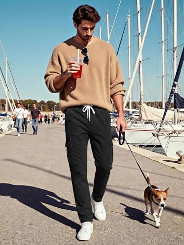 Image of JMIERR Men's Elastic Waist Cargo Jeans Stretch Denim Pants with Drawstring Relaxed Fit for Casual Daily Wear