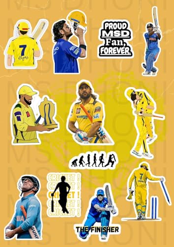 Image of MS Dhoni Stickers 25 Pcs - Cricket Waterproof Vinyl Sticker Pack for Laptop, Mobile, Bike, Helmet, Car & Bottle | Dhoni Fan Merchandise Gift Collection CSK Stickers