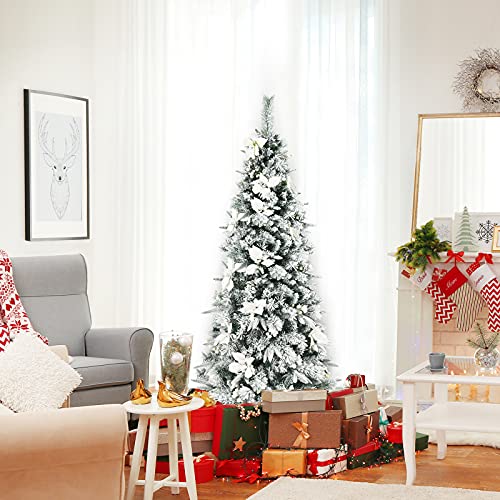 HappyGrill 6FT Skinny Pencil Christmas Tree with White Berries & Flowers, Hinged Artificial Tree with Metal Stand for Indoor/Outdoor