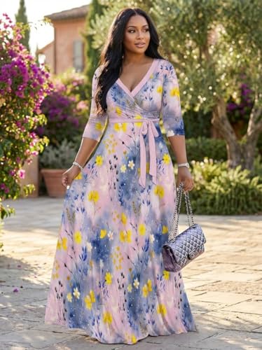 Image of Women Plus Size Long Sleeve V Neck Maxi Dress with Belt | Soft fabric relaxed fit three quarter sleeve v neck with pockets for party and daily wear