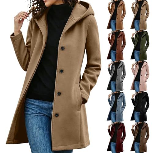 Pea Coats for Women Single Breasted Mid Long Wool Coat Winter Hooded Jacket - image 1