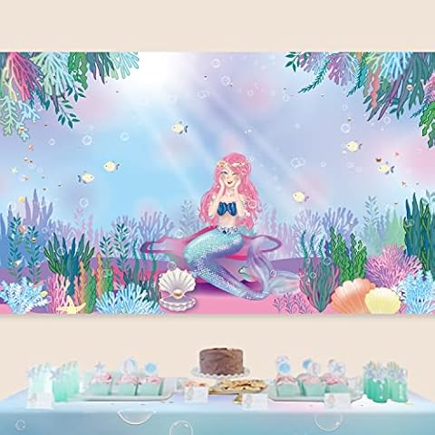 Decor365 Under The Sea Party Backdrop Mermaid Birthday Hanging Decorations Bubble Fish Seaweed Photo Booth Background Banner for Beach Ocean Theme Kids Bday Girl boy Baby Shower Home Supplies Cover