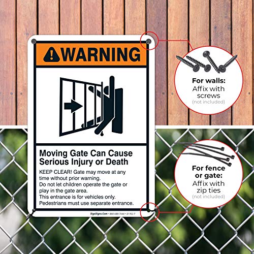 Moving Gate Sign, Moving Gate Can Cause Serious Injury Or Death 10X7 Inches, Rust Free .040 Aluminum, Fade Resistant, Made In Usa By Sigo Signs #TOP3