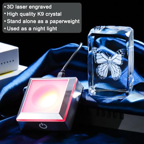 Image of 3D Crystal Butterfly for Mom Women or Men, Laser Etched Glass Butterfly Figurine Decor Stuff with Colorful LED Base Nature Lovers Keepsakes Paperweight Gifts for Birthday