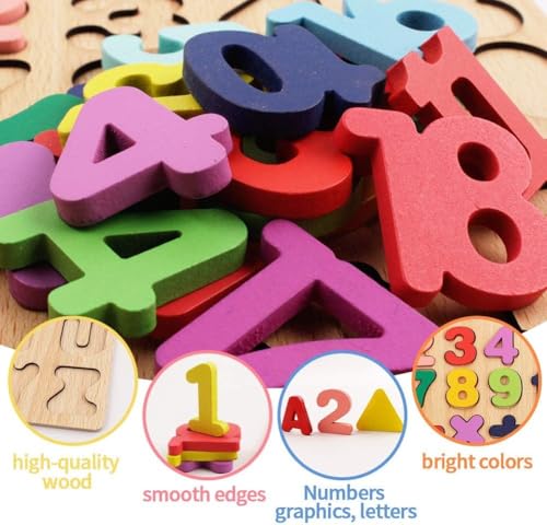 Image of Kids Wooden Puzzle Learning Toy with ABC Alphabets Numbers & Shapes, 3D Matching Activity Board for Toddlers, Montessori Educational Game for Preschool Learning, Hand Eye Coordination