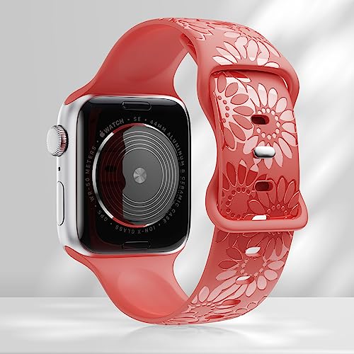 Image of Sunflower Engraved Band Compatible with Apple Watch Bands 38mm 40mm 41mm 42mm 44mm 45mm 49mm Women, Designer Soft Glossy Floral Silicone Strap for iWatch Series Ultra 11 10 9 8 7 6 SE 5 4 3 2 1