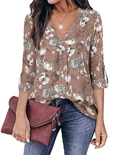 Youtalia Womens Blouses Dressy Casual Business Tops 3/4 Sleeve Chiffon V Neck Work Office Shirts2