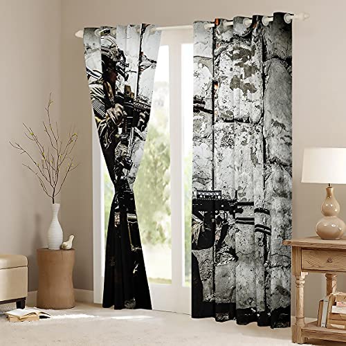 Soldier With Weapon Curtain Panels, Boys Teens Under Mission Window Drapes, Army Rifle Machine Gun Window Treatments, Military Themed Window Curtains 84W"X63L" Camouflage Bedroom Decor For Youth Man #TOP3