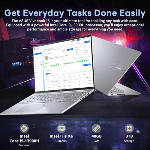 Image of ASUS Vivobook 16 inch WUXGA Laptop, Intel Core i9-13900H, 40GB RAM, 3TB Storage (2TB SSD+1TB Docking Station Set), Intel Iris Xe Graphics, Backlit Keyboard, Fingerprint Reader, Windows 11, Silver