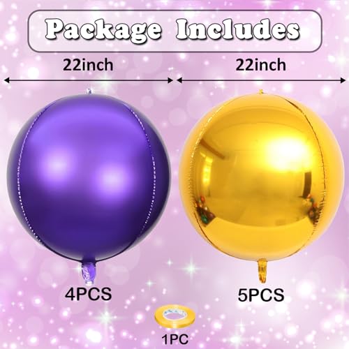 Image of 9 Pcs Purple Gold Round Foil Balloons Dark Purple Metallic Gold Chrome 4D Ball Balloons 22 In Orbz Mylar Balloon for Graduation Grad Birthday Wedding Anniversary Disco Party Decorations