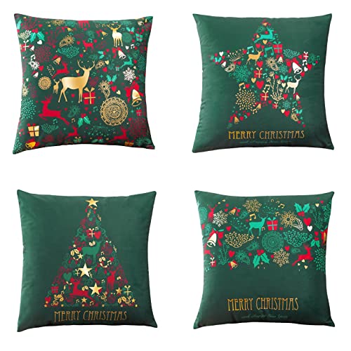 HommyFine Funda de cojín de Navidad, Verde Elegante Cojines Almohadas Fundas de Feliz Navidad Año Nuevo Decorativo con Cremallera Invisible para Sofás Sillon Silla o Coche (Oro Verde, 45_x_45_cm) Cover