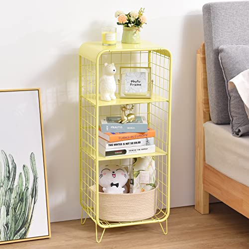 Image of SEVVY - Side Table - Modern Sofa End Table with Storage Shelf - Compactable Night Stand - Metal Adjustable 2 Middle Board - Detachable Shelf - No Screws - 3-Tier - Yellow