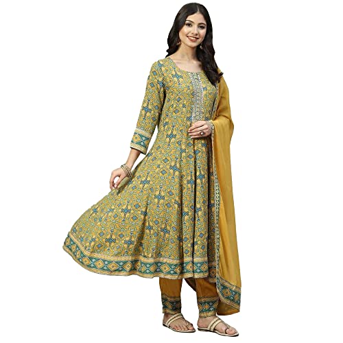 Image of BIBA Women Rayon Kalidar Printed Suit Set