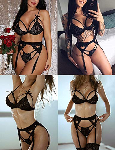 JFAN-Lenceria-para-Mujer-Push-Up-Ropa-Interior-Babydoll-con-Tanga-Ligas-y-Ligueros