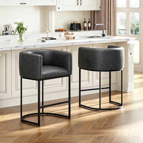 Image of 26 inch H Counter Height Bar Stools Set of 2, Modern Barrel Counter Stools with Backrest and Arms, Faux Leather Upholstered Accent Barstools for Kitchen Island,Support 450 LBS (Black)