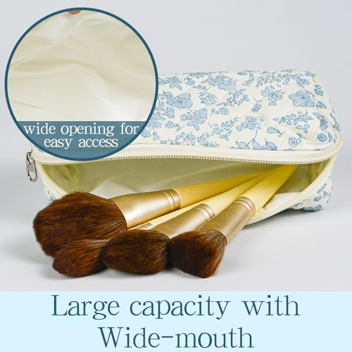 Quilted Makeup Brush Bag, Travel Cosmetic Organizer Pouch for Brushes & Essentials, Small Cotton Floral Makeup Bag for Women Girls3