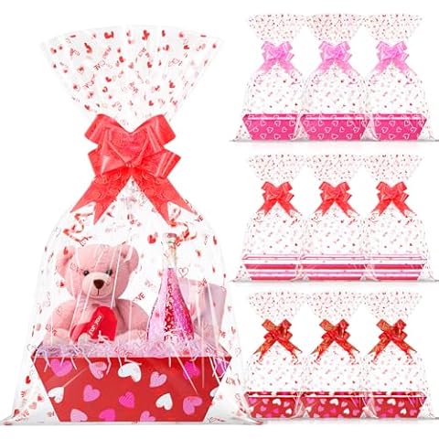 12 Sets Valentines Day Gift Basket Empty with Heart Printed Cellophane Basket Bags, Cardboard Valentine Gift Basket Empty to Fill with Bows Ribbons for Valentine’s Day Wedding Anniversary Party Cover