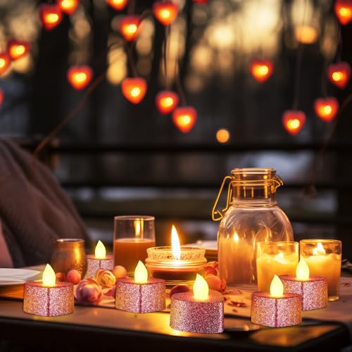 Image of Baquler 24 Pcs Valentine Candles Heart Shaped Glitter Tealights Romantic LED Tea Lights Candle Battery Operated for Valentine's Day Marriage Proposal Wedding Anniversary Celebration Decor(Pink)