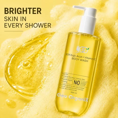 Image of 10X Kojic Acid Body Wash with Vitamin C, Glycolic Acid, Niacinamide & Kakadu Plum Extract | Brightening Body Cleanser for Tan Removal, Dark Spots | Paraben Free | Men & Women | 300ml