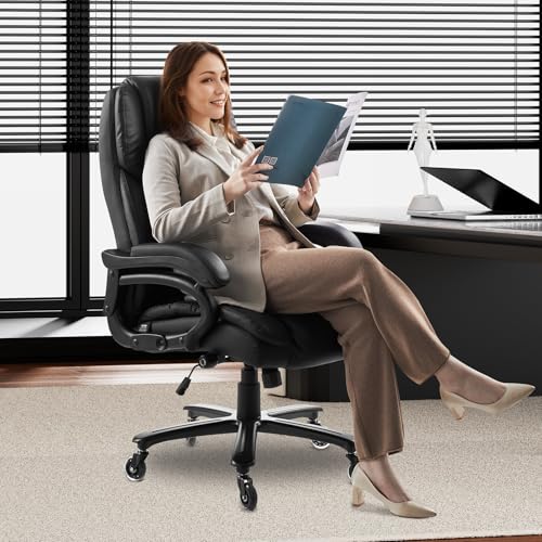 Image of VEVOR Executive Office Chair with Knob-Control Lumbar Support, 500lb Capacity Office Chair, Heavy Duty Ergonomic Chair, Height Adjustable PU Leather Reclining Home Office Desk Chairs, Black