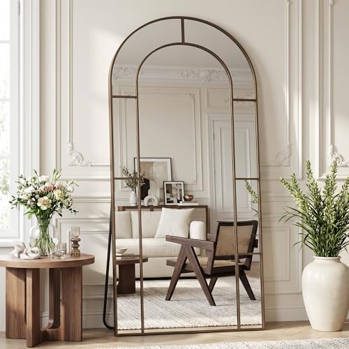 78" x 38" Arched Full Length Floor Mirror, Farmhouse Window Pane Mirror with Metal Frame, Decorative Leaning or Wall Mounted Mirror for Bedroom, Living Room, Entryway, Bronze