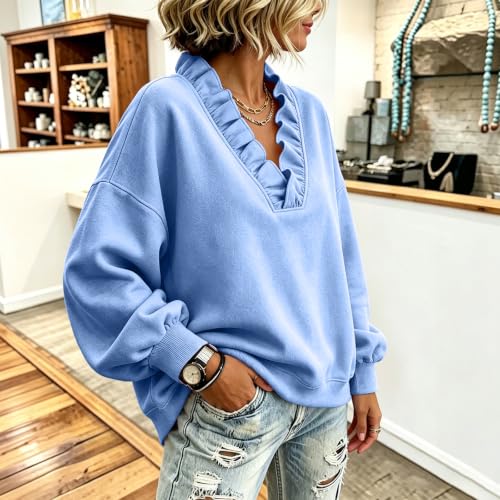 Elneeya Womens Oversized Sweatshirt Vneck Ruffle Vintage Fall Sweatshirts - image 3