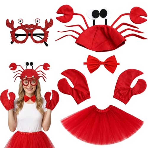 KhgFov Crab Costume Halloween Costumes 6 Pcs Lobster Costume Set with Adjustable Hat Claws Dress Glasses and Bow Tie for Halloween Christmas Party Themed Events