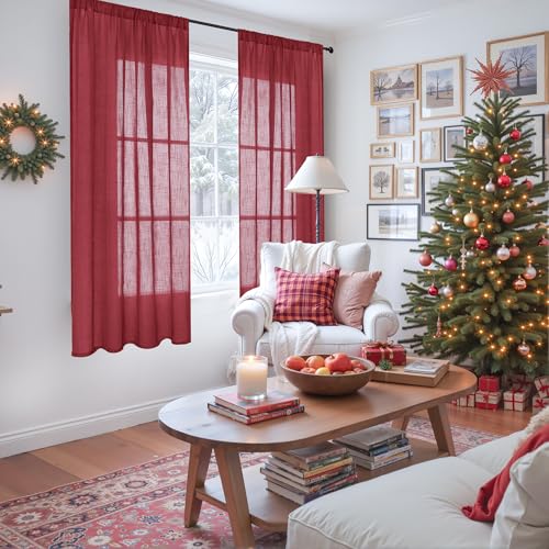 Image of BGment Burgundy Linen Curtains 63 Inches Long for Living Room, Semi Sheer Window Drapes Lightweight Rustic Country Textured with Rod Pocket for Dining Bedroom, 2 Panels, Each 42 Inch Wide