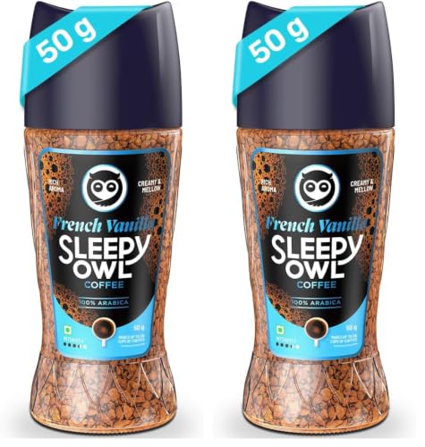 Image of Sleepy Owl French Vanilla Premium Instant Coffee Powder | 100% Arabica Freeze Dried Coffee - 50g | Make Cafe Style Hot or Cold Coffee, Black Coffee, Cappuccino, Latte at Home | Makes 25 Cups