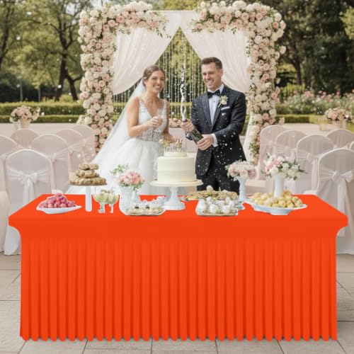Image of Smiry Spandex Elastic Fitted Table Cloth Skirt for 6FT Rectangle Table | Stretch Washable Table Cloth, Banquet Table Cover for Wedding, Party, Indoor & Trade Shows, (Orange, 72Lx30Wx30H)