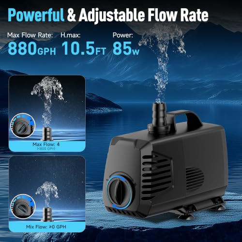 Image of POPOSOAP 880GPH Submersible Water Pump, Water Fountain (85W 3200L /H) with 10.5FT High Lift Adjustable & 3 Nozzles & 16.4FT Cord, Ultra Quiet Aquarium Pump for Pond Fountain Waterfall Hydroponics-Q105
