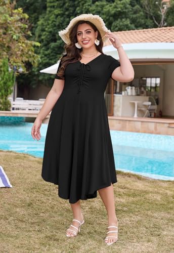 Image of Keluummi Plus Size Maxi Dress for Women V-Neck Short Sleeve with Pockets