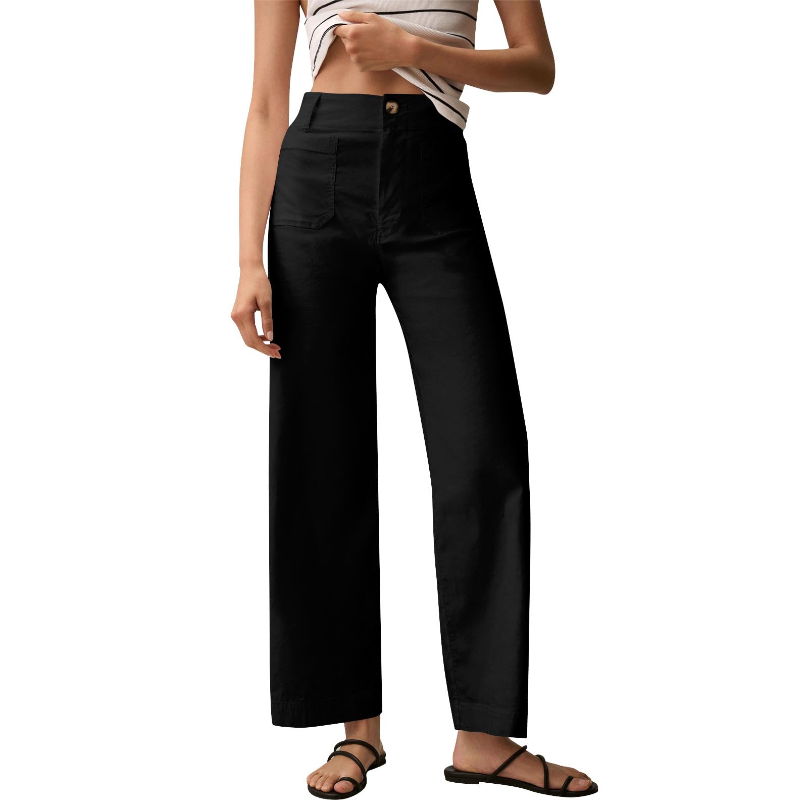 Dressy Wide Leg Pants Women Cotton Button High Waisted Pants Business Casual Work Trousers with Pockets