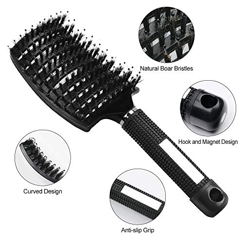 URAQT Haarbürste ohne Ziepen, Profi Entwirrungsbürste mit Griff, Wildschweinborsten Haarstyling Bürste für Lange Feine Dicke Lockige Haare, Schwarz
