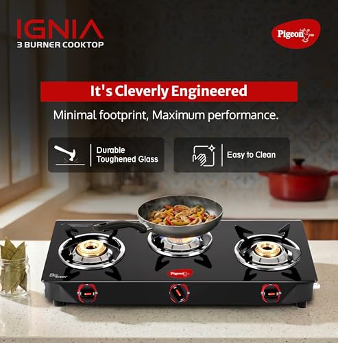 Image of Pigeon Ignia 3 Burner Gas Stove | Brass Burner | Easy Cleaning | Toughened Glass | 2 year Warranty
