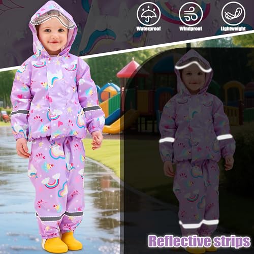 Baogaier Girls Waterproof Suit Kids Rain Suit Lightweight Rain Jacket and Trouser Set, Purple Horse Windproof Mesh Lining Raincoat & Pants 2 pcs Sets Outdoor Play Rainwear Age 4-5 Years - Image 4